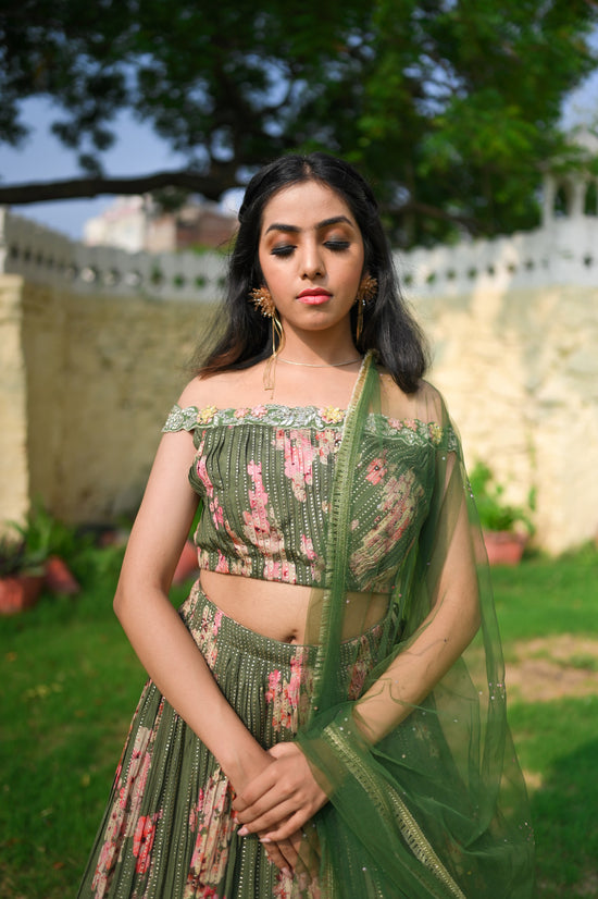 Moss Green Floral Printed Lehenga Set With Complementing Net Dupatta