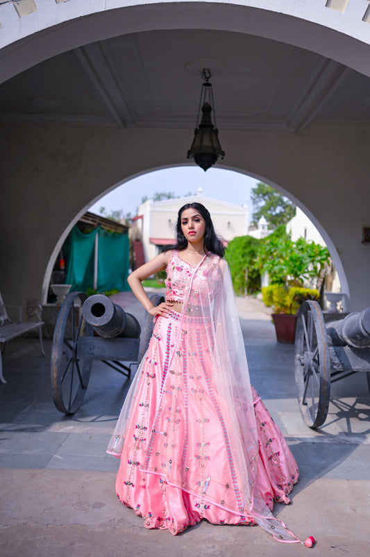 Coral Pink Handcrafted Lehenga Set