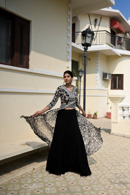 Black Arabic Floral Print Kurta With Palazzo