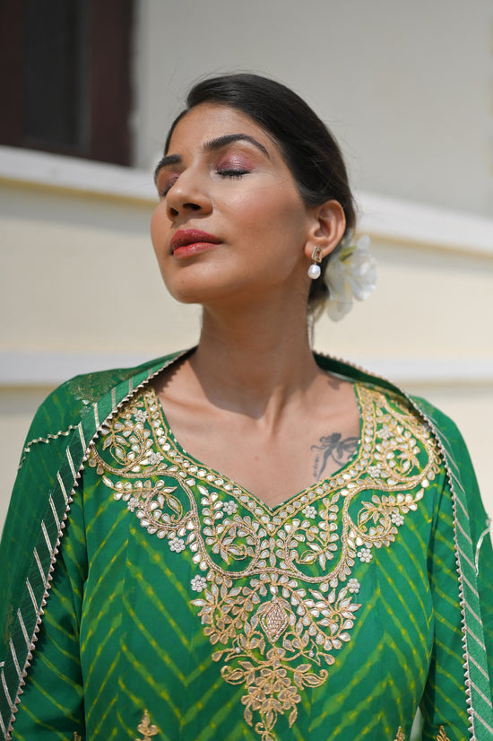 Basil Green Gota Patti Kalidar Leheriya Gown With Dupatta