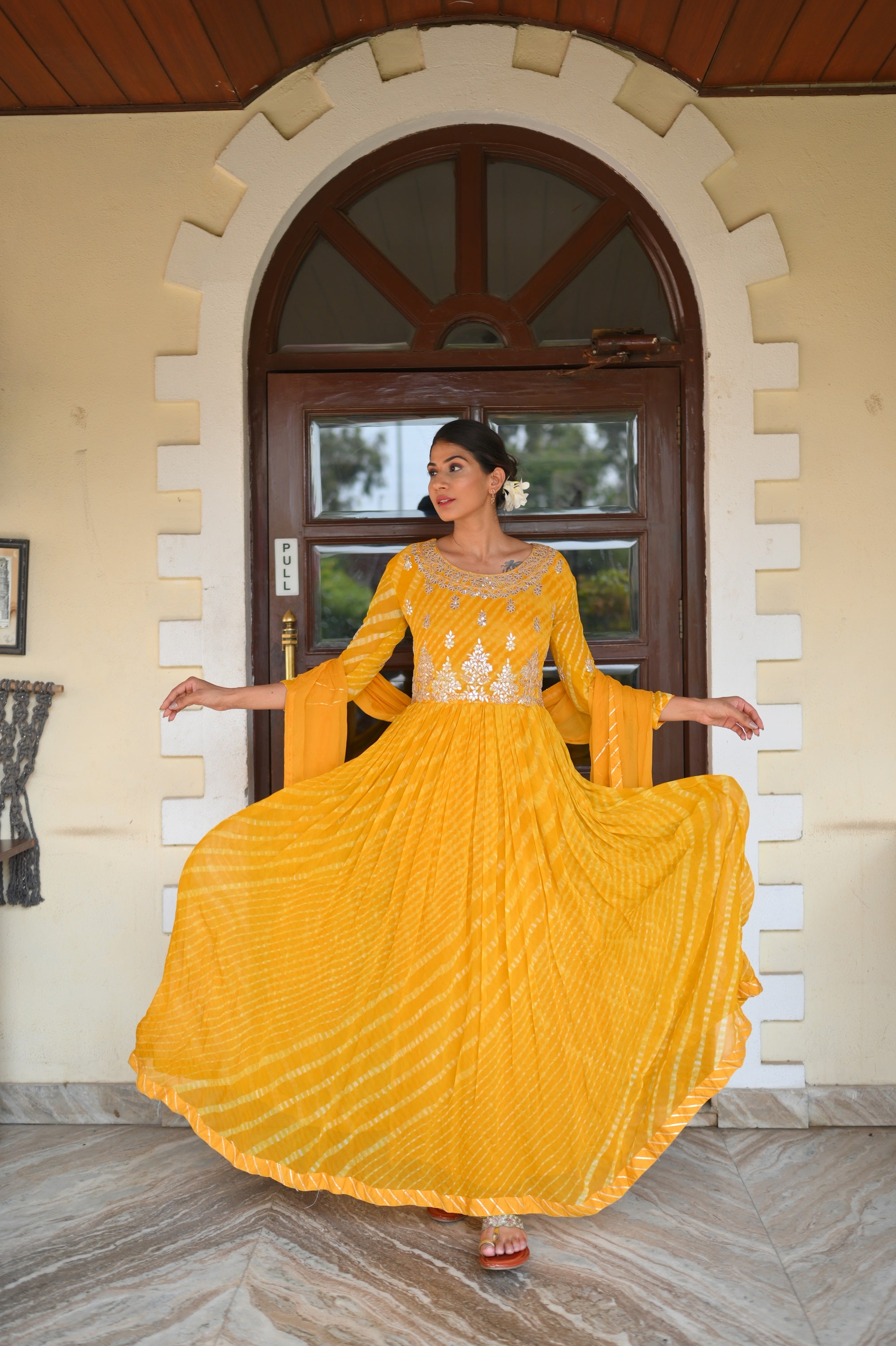 Bright Yellow Gota Patti Kalidar Leheriya Gown With Dupatta