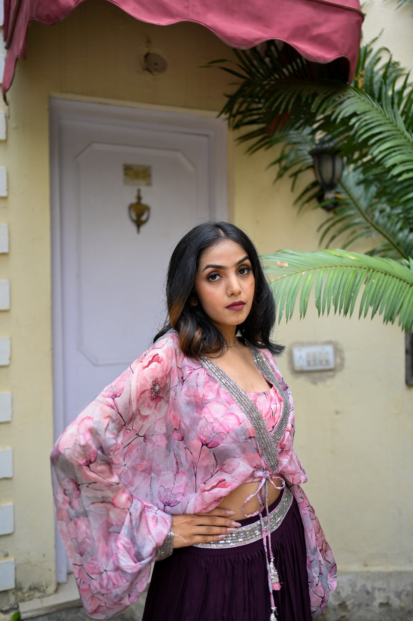 Floral Digital Print Balloon Crop Top With Skirt