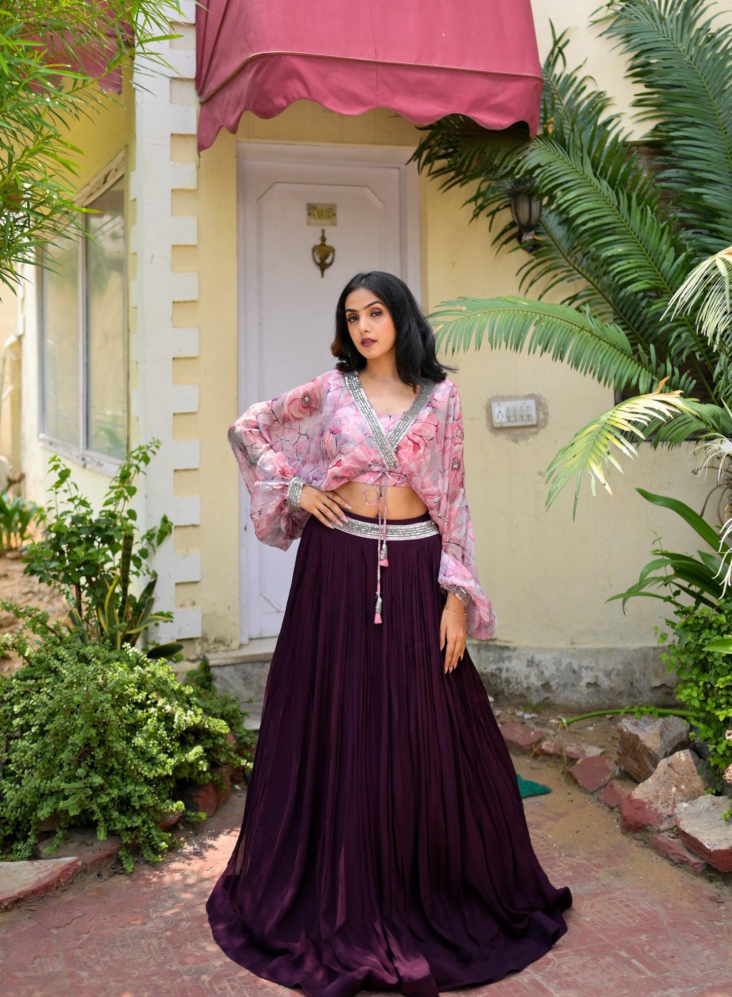 Floral Digital Print Balloon Crop Top With Skirt