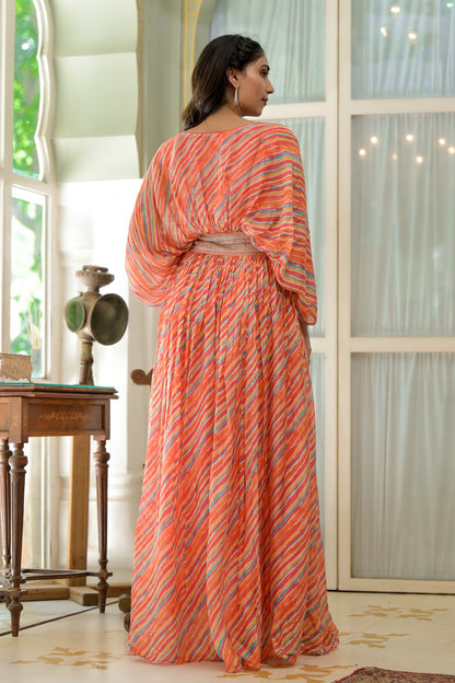 Georgette Multi Colored Wrinkled Long Dress