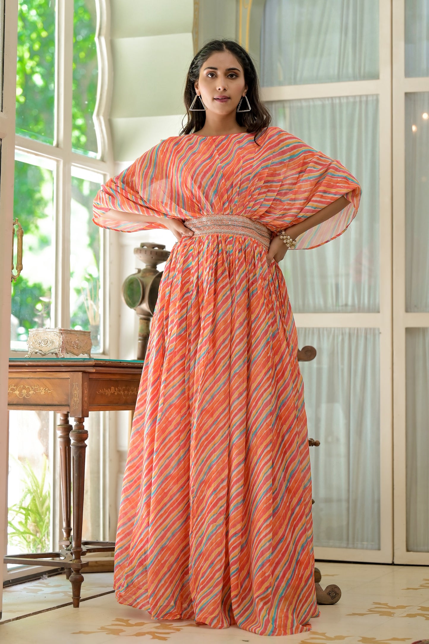 Georgette Multi Colored Wrinkled Long Dress
