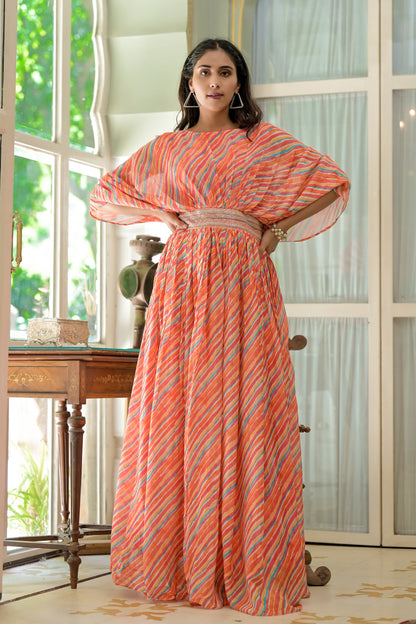 Georgette Multi Colored Wrinkled Long Dress
