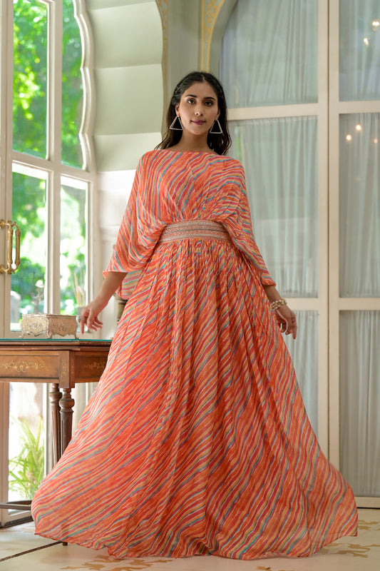 Georgette Multi Colored Wrinkled Long Dress