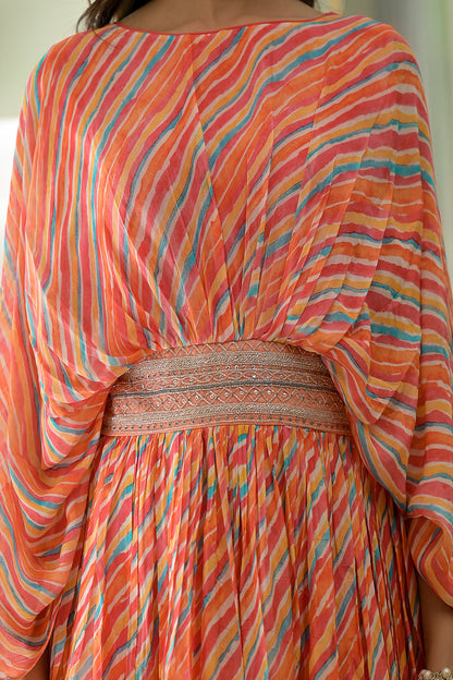 Georgette Multi Colored Wrinkled Long Dress