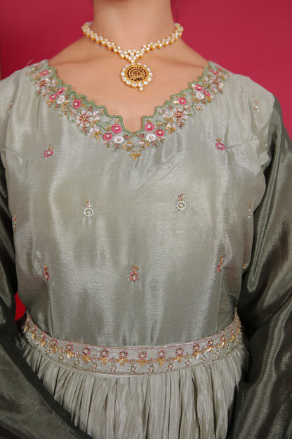 Chinnon Silk Omre Green Resham Work Gown