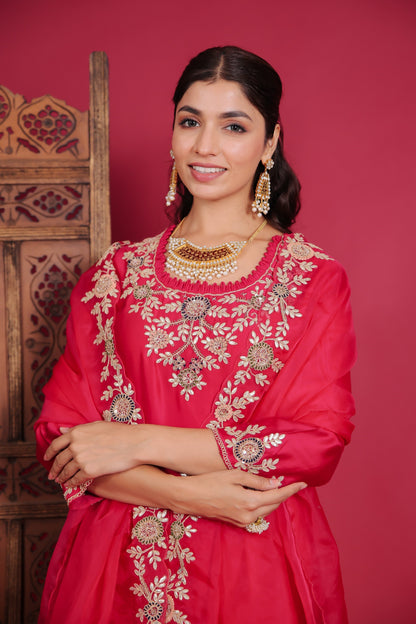 Rani Pink Embellished Kurta With Palazzo And Dupatta