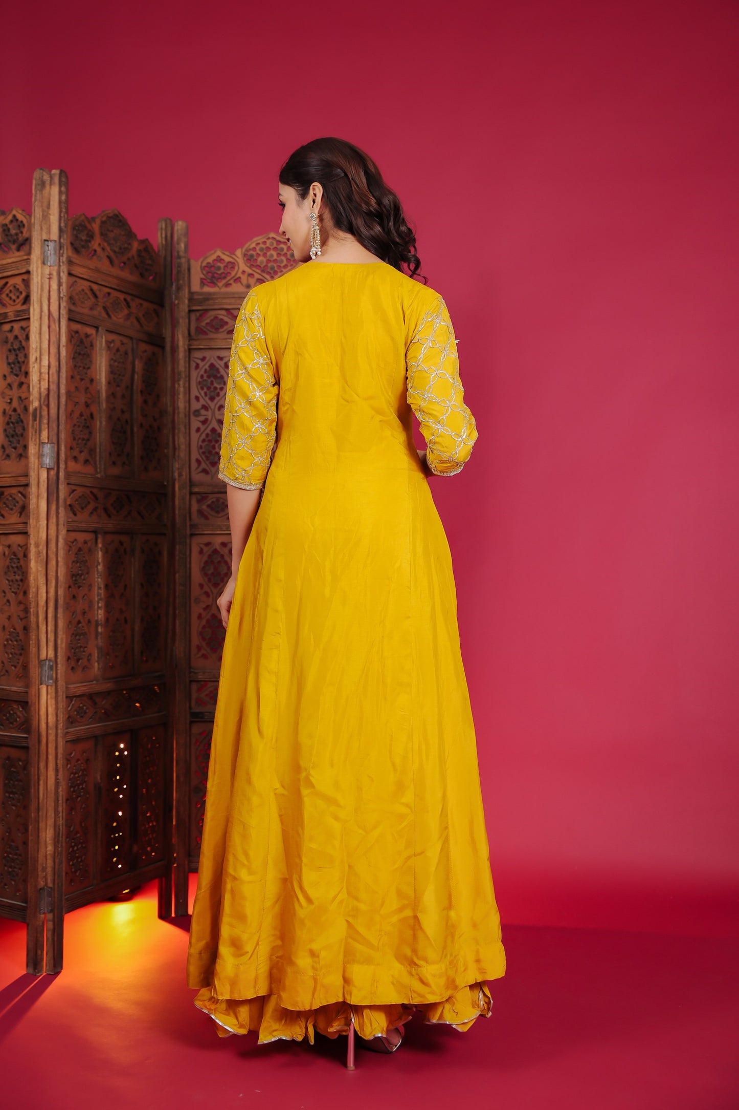 Bright Yellow Flared Anarkali With Resham, Zari And Gota Work