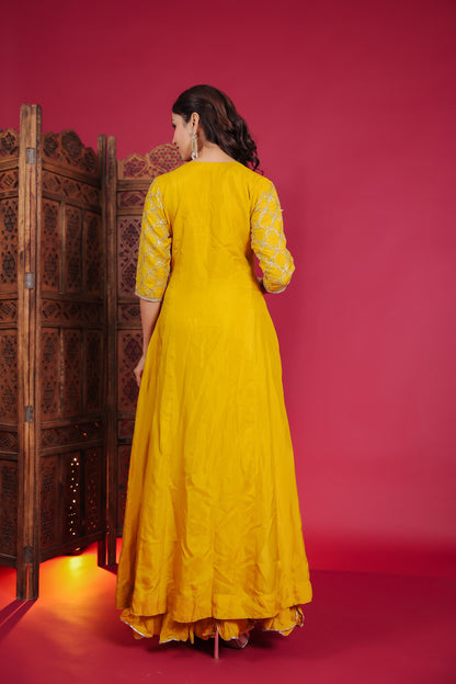 Bright Yellow Flared Anarkali With Resham, Zari And Gota Work