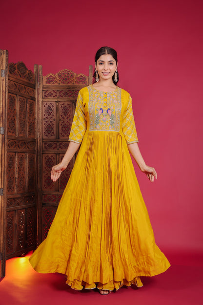 Bright Yellow Flared Anarkali With Resham, Zari And Gota Work