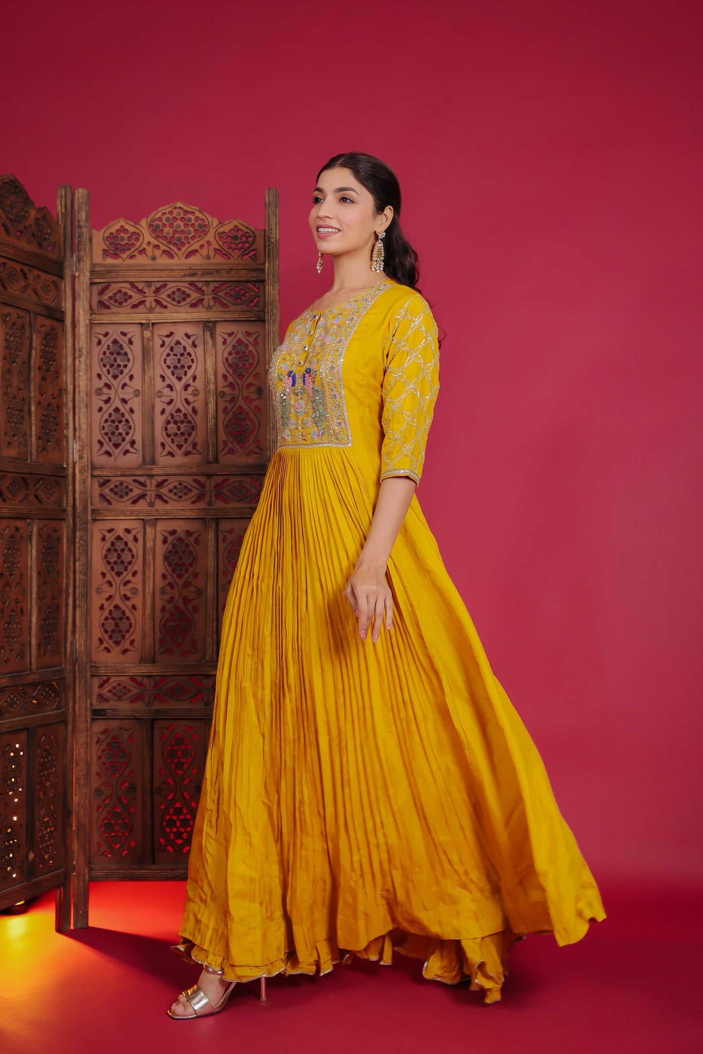 Bright Yellow Flared Anarkali With Resham, Zari And Gota Work