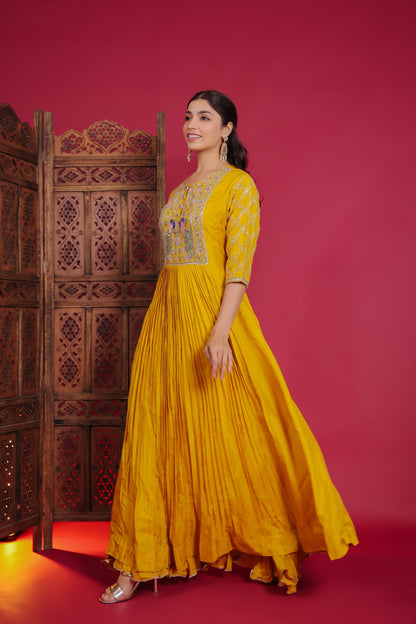 Bright Yellow Flared Anarkali With Resham, Zari And Gota Work