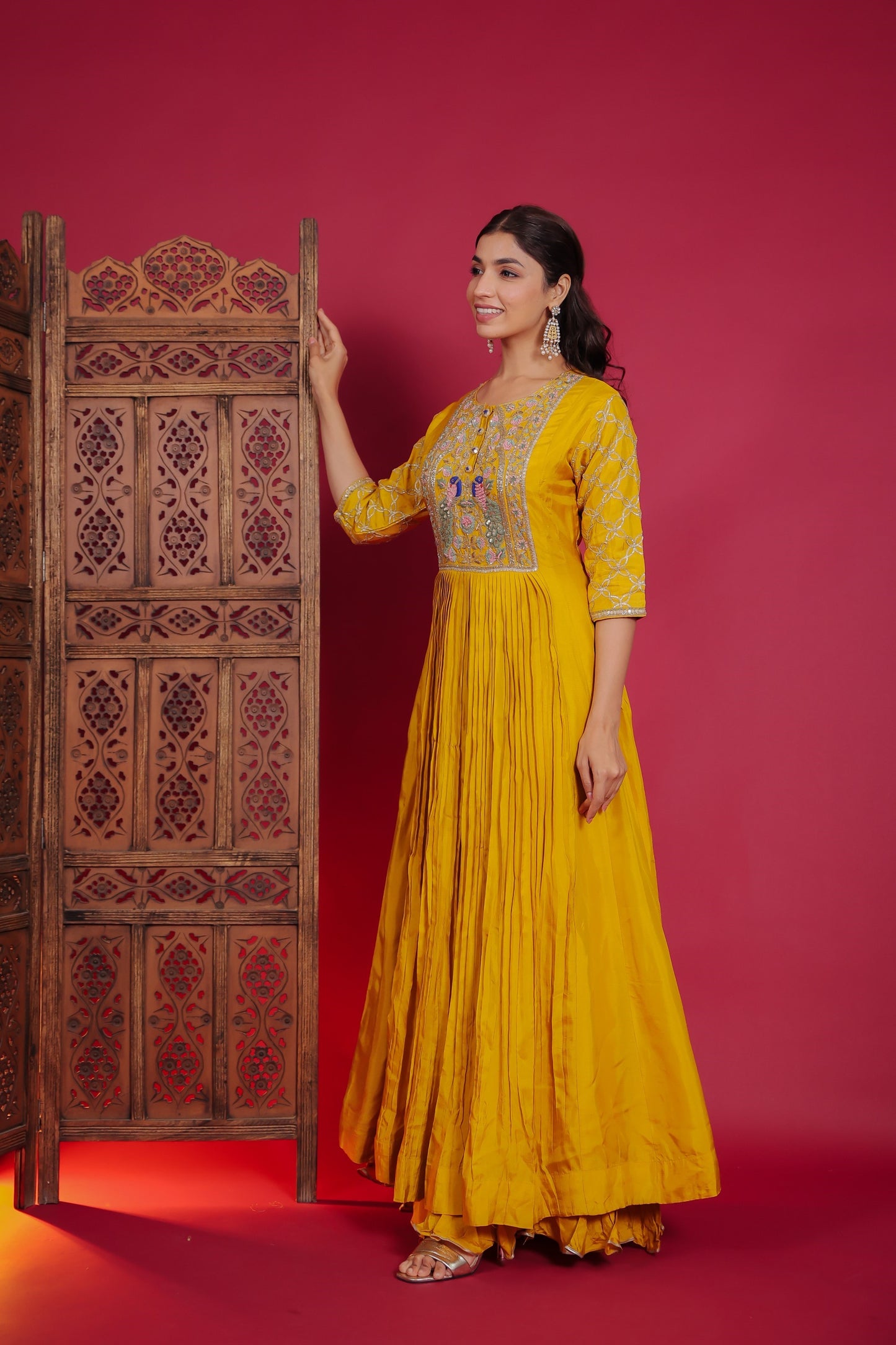 Bright Yellow Flared Anarkali With Resham, Zari And Gota Work