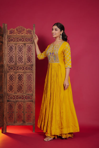 Bright Yellow Flared Anarkali With Resham, Zari And Gota Work