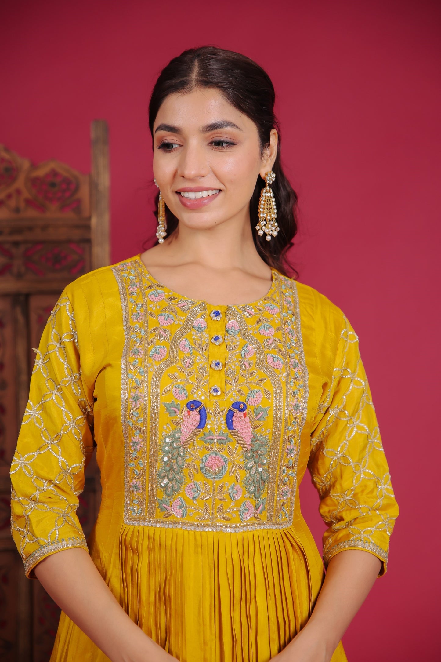 Bright Yellow Flared Anarkali With Resham, Zari And Gota Work