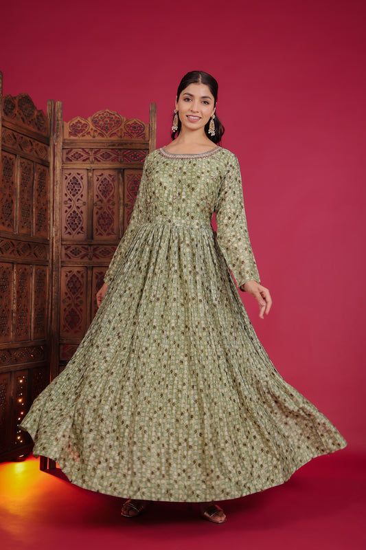 Moss Green Blooming Print Flaired Long Anarkali Dress With Embellished Neck