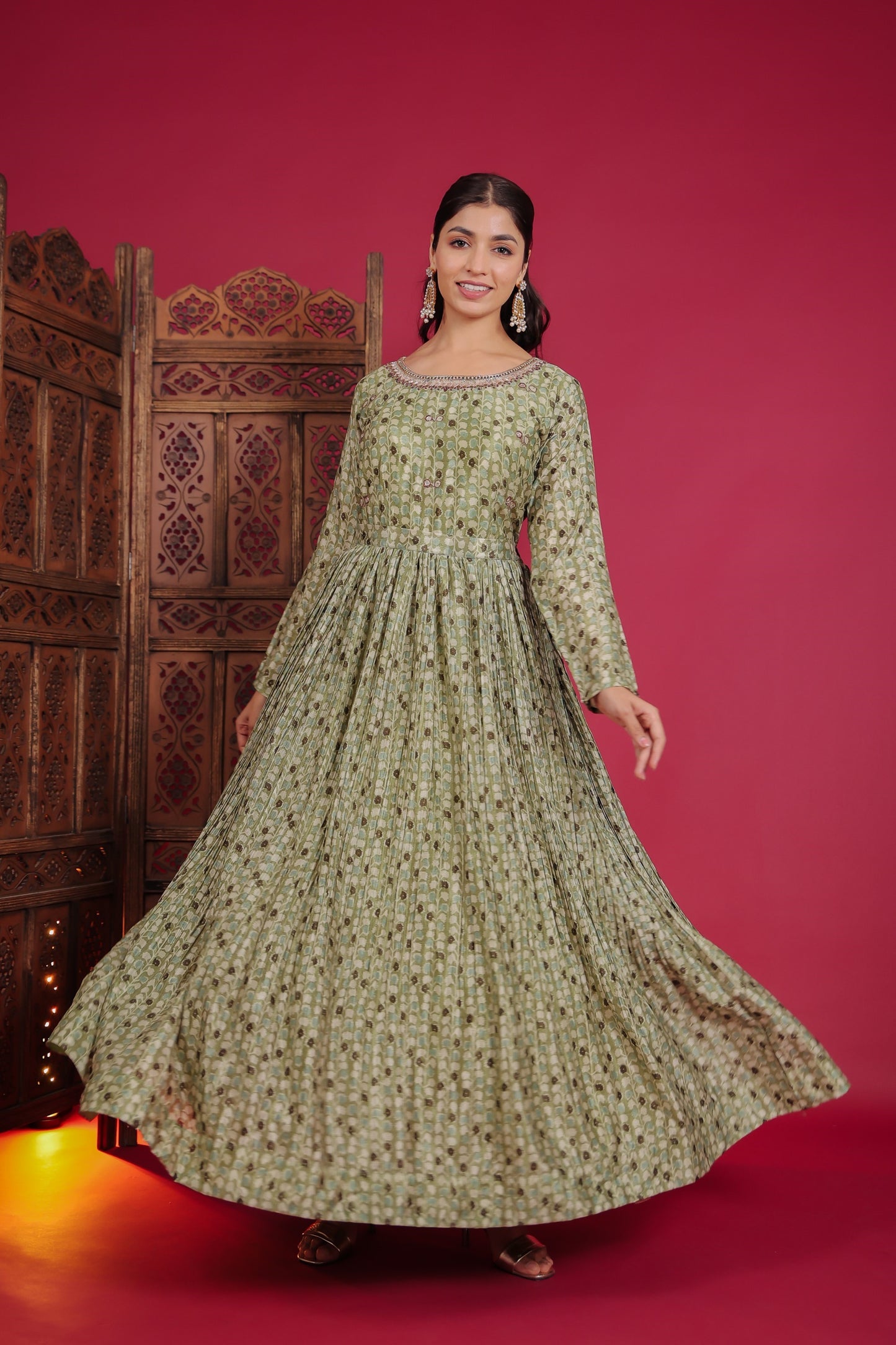 Moss Green Blooming Print Flaired Long Anarkali Dress With Embellished Neck