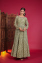 Moss Green Blooming Print Flaired Long Anarkali Dress With Embellished Neck