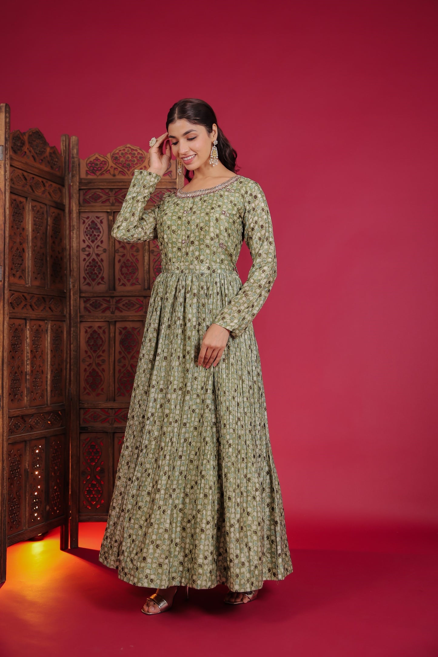 Moss Green Blooming Print Flaired Long Anarkali Dress With Embellished Neck
