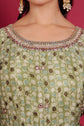Moss Green Blooming Print Flaired Long Anarkali Dress With Embellished Neck