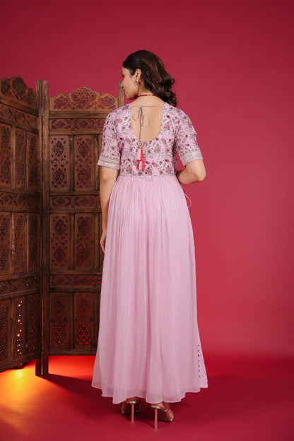 Blush Pink Georgette Side Slit Kurta With Palazzo And Dupatta