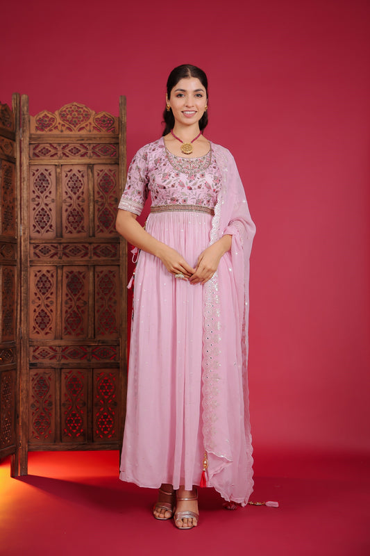 Blush Pink Georgette Side Slit Kurta With Palazzo And Dupatta