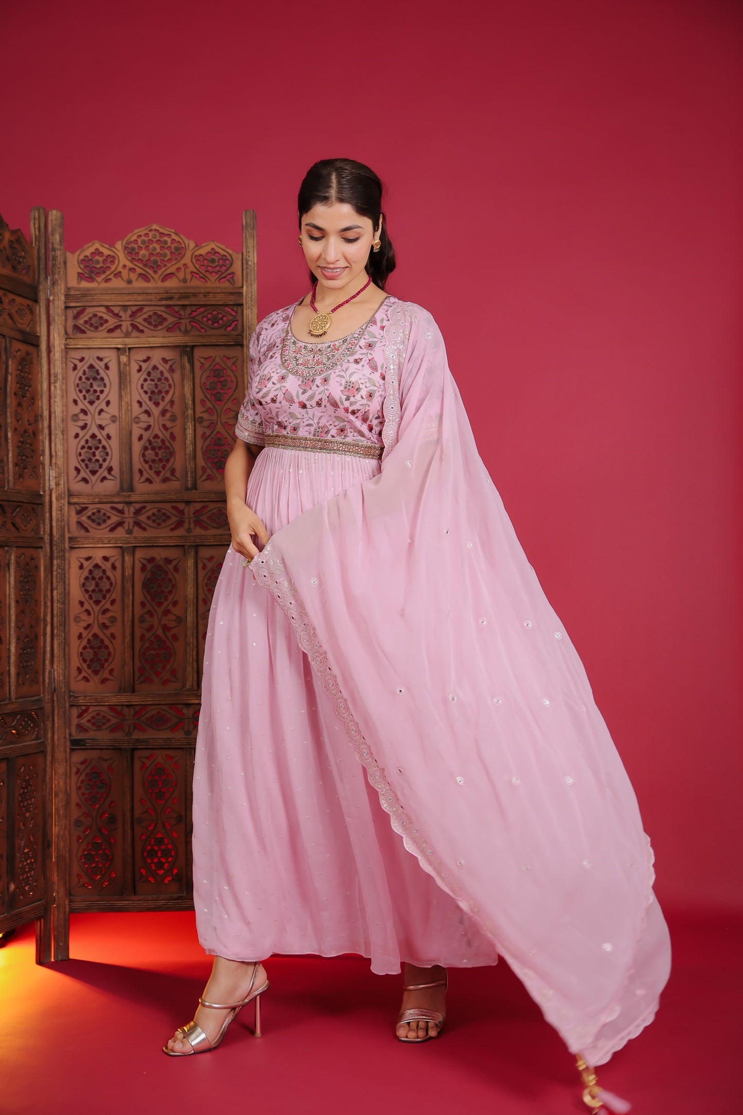 Blush Pink Georgette Side Slit Kurta With Palazzo And Dupatta