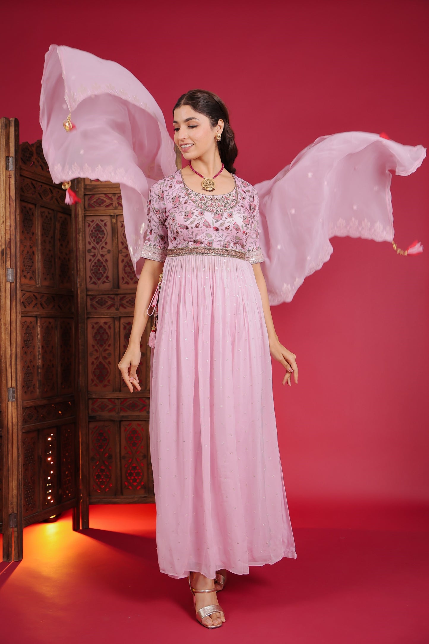 Blush Pink Georgette Side Slit Kurta With Palazzo And Dupatta