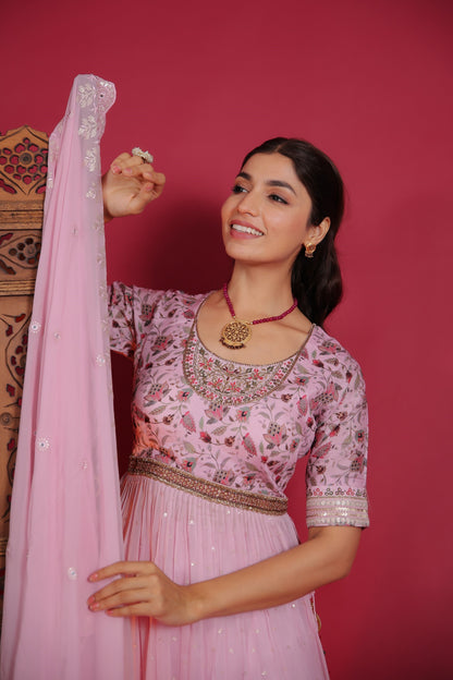 Blush Pink Georgette Side Slit Kurta With Palazzo And Dupatta