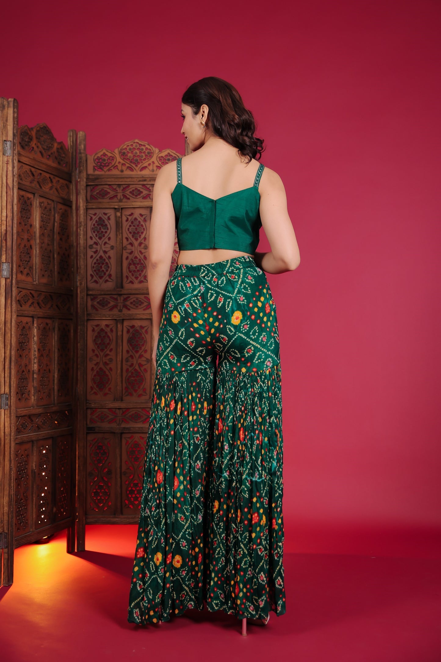 Dark Green Patola Print Sharara With Crop Top And Peplum Jacket