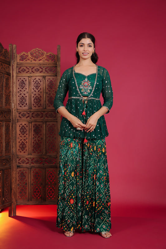 Dark Green Patola Print Sharara With Crop Top And Peplum Jacket