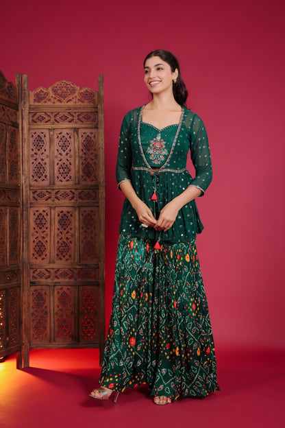 Dark Green Patola Print Sharara With Crop Top And Peplum Jacket
