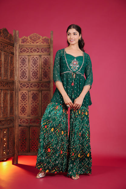 Dark Green Patola Print Sharara With Crop Top And Peplum Jacket