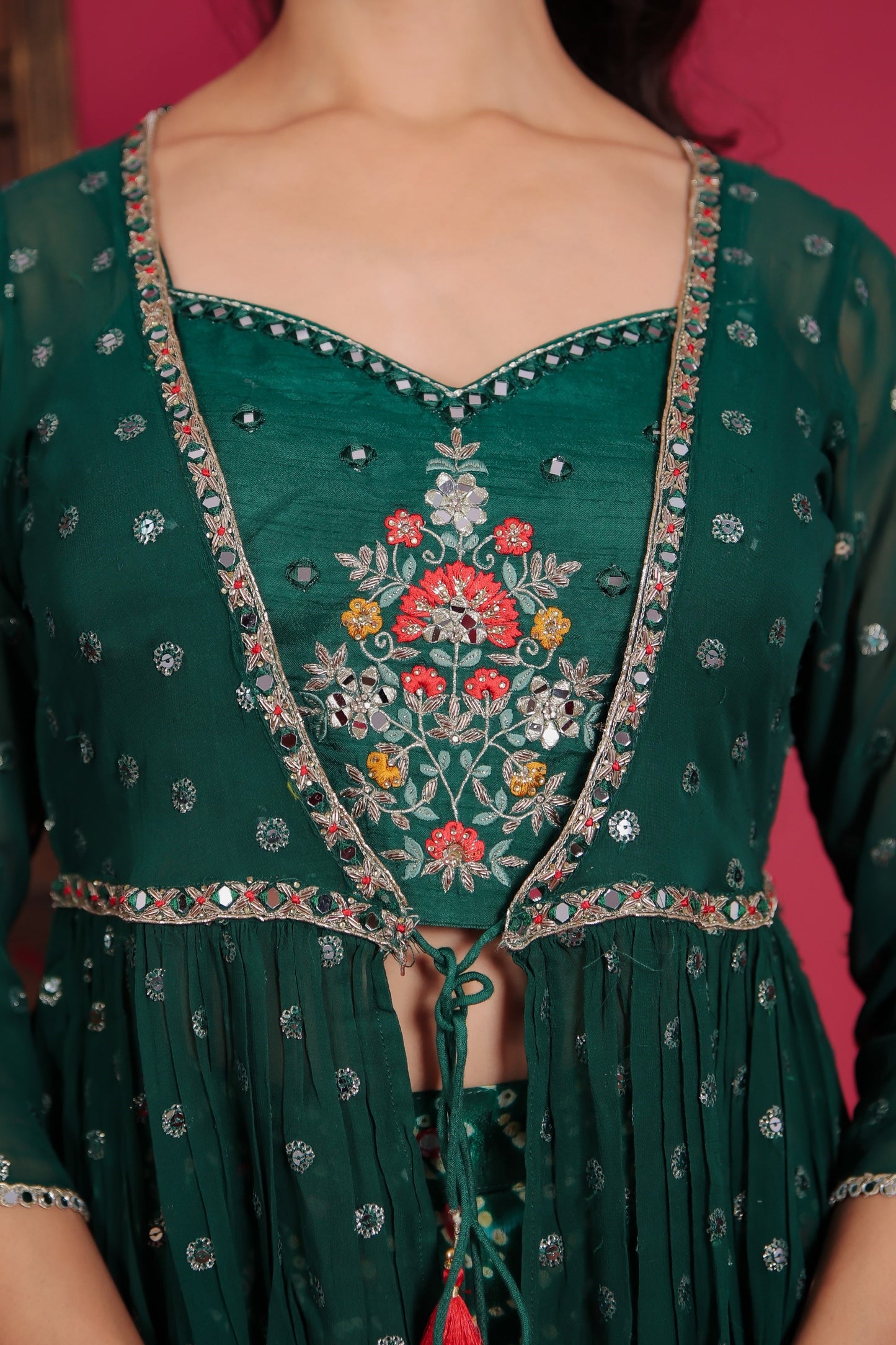 Dark Green Patola Print Sharara With Crop Top And Peplum Jacket