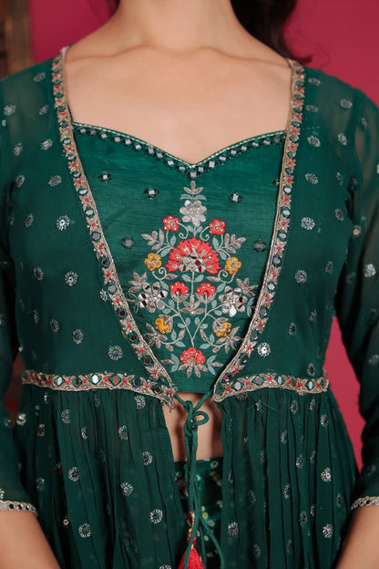 Dark Green Patola Print Sharara With Crop Top And Peplum Jacket