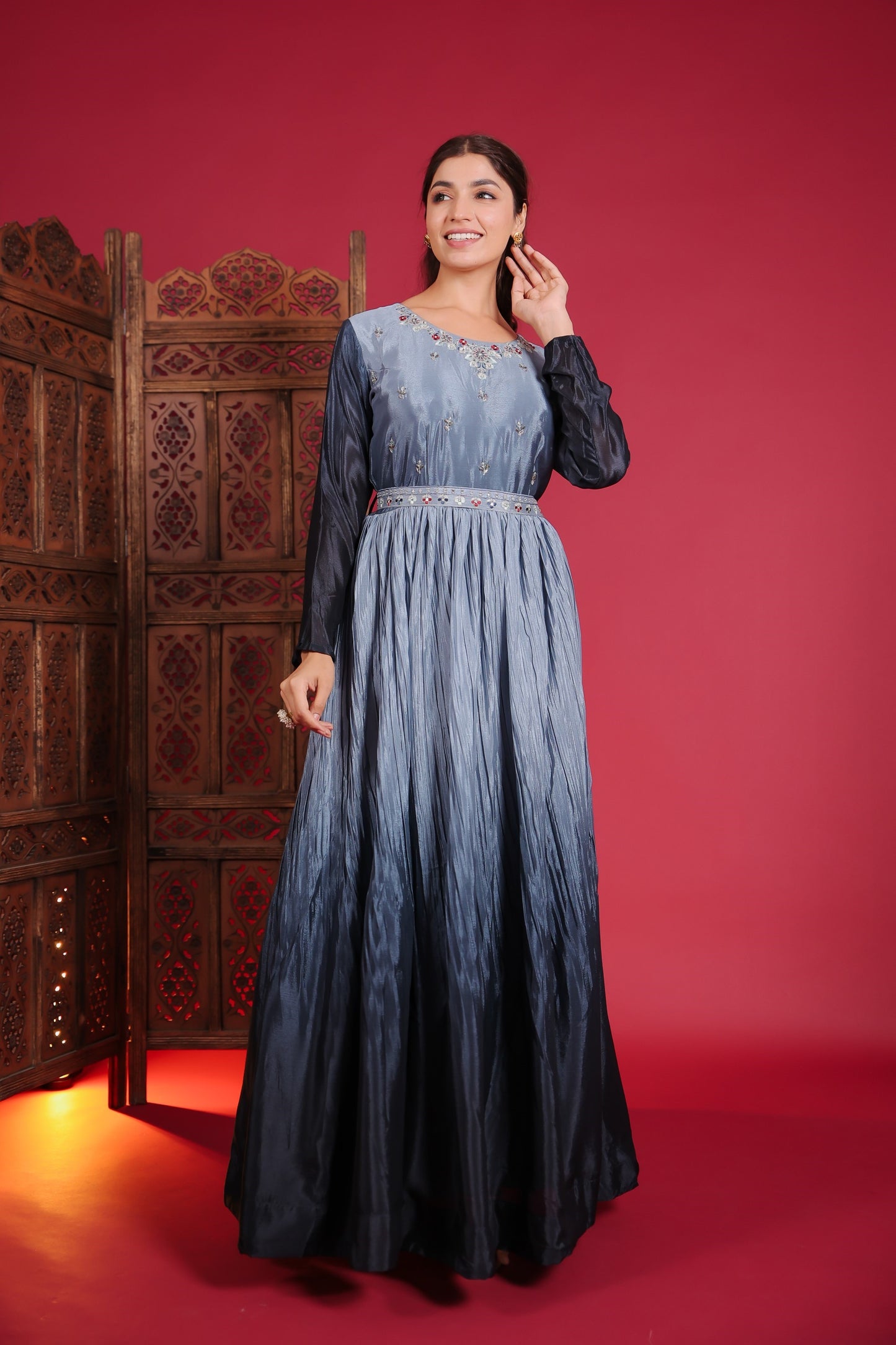 Chinnon Silk Omre Blue Rashem Work Gown
