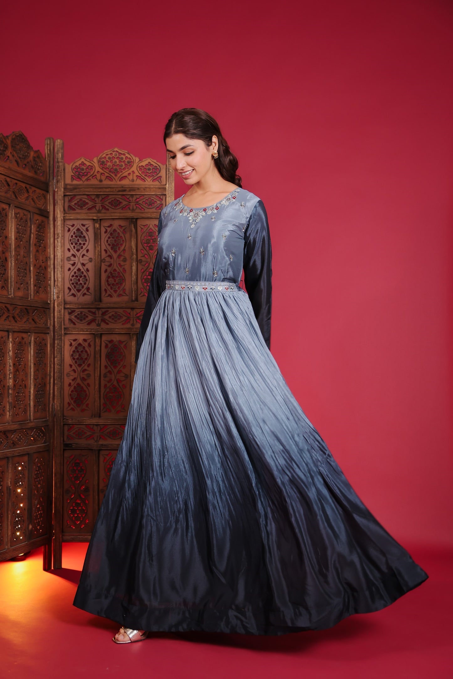 Chinnon Silk Omre Blue Rashem Work Gown