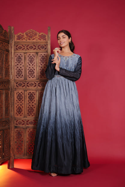 Chinnon Silk Omre Blue Rashem Work Gown