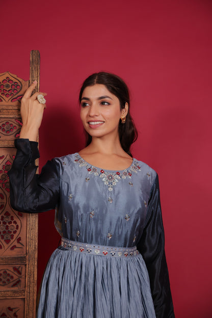 Chinnon Silk Omre Blue Rashem Work Gown