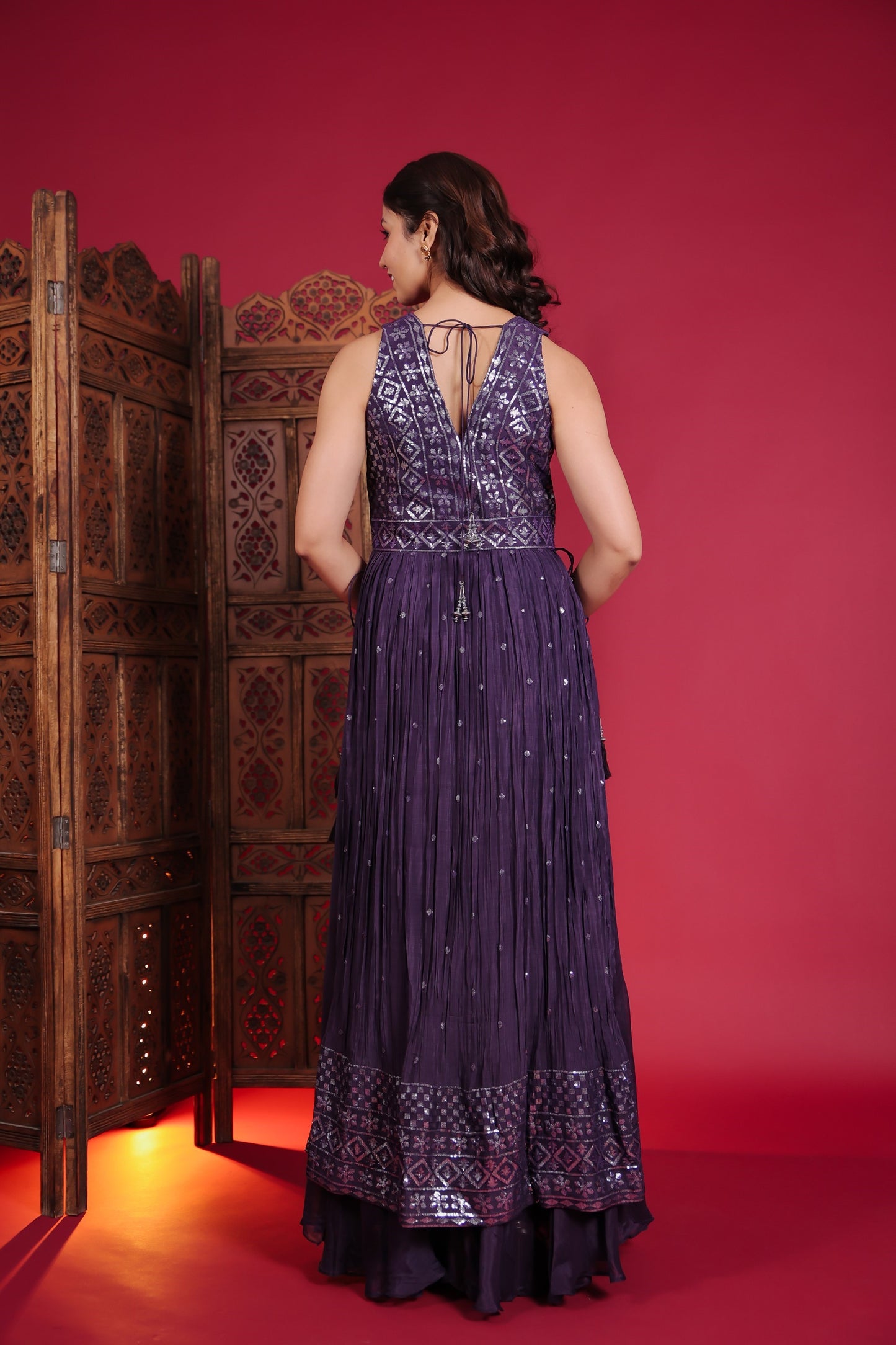 Violet Sequin Embellished Side Slit Kurta With Palazzo And Dupatta