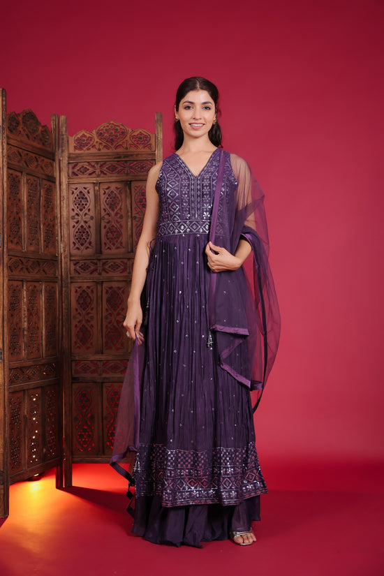 Violet Sequin Embellished Side Slit Kurta With Palazzo And Dupatta