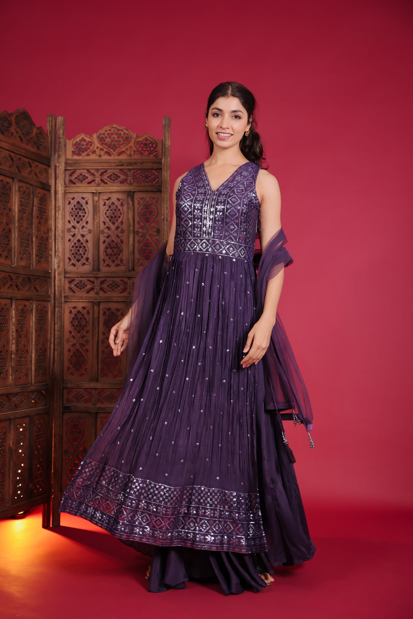 Violet Sequin Embellished Side Slit Kurta With Palazzo And Dupatta