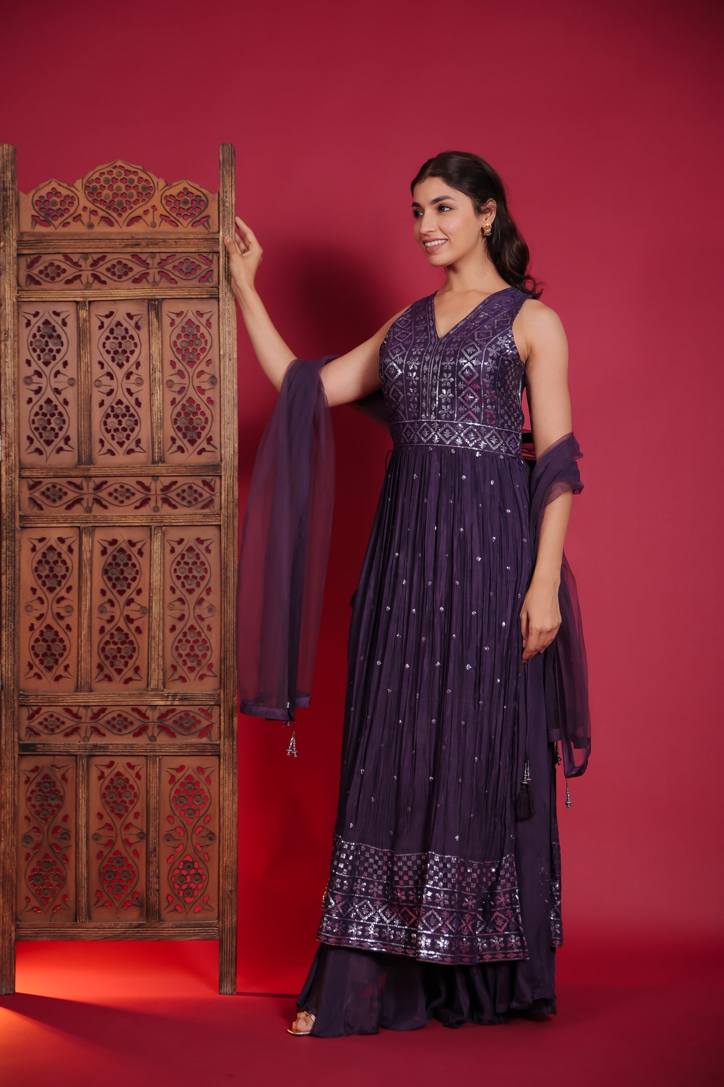 Violet Sequin Embellished Side Slit Kurta With Palazzo And Dupatta