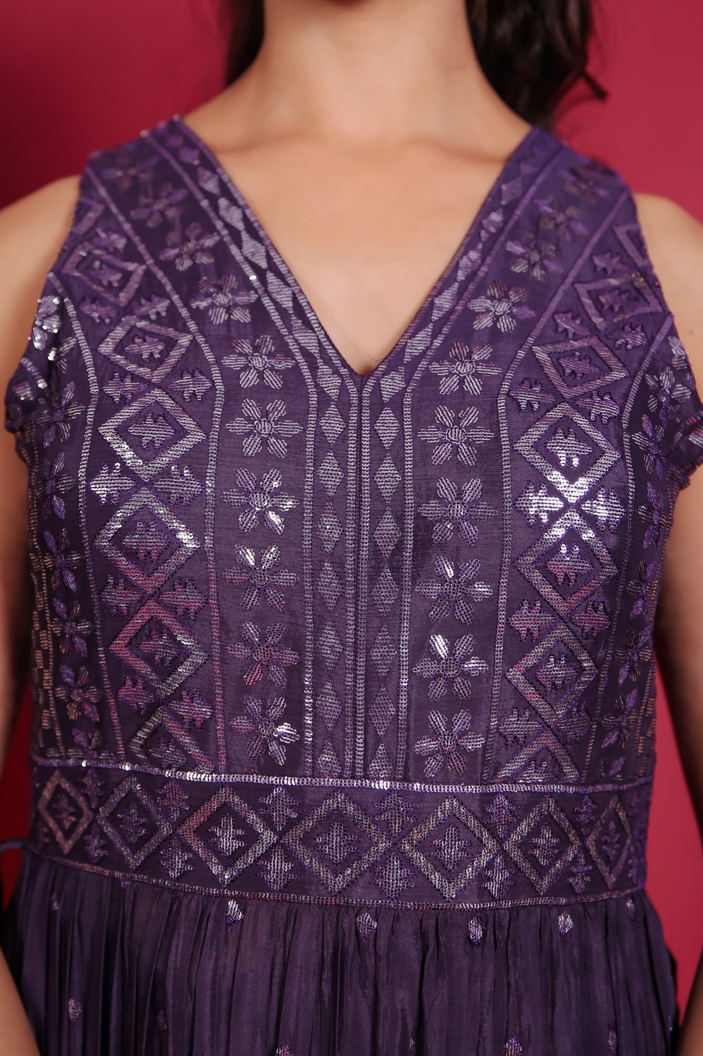 Violet Sequin Embellished Side Slit Kurta With Palazzo And Dupatta