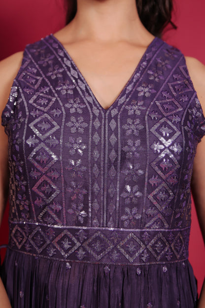 Violet Sequin Embellished Side Slit Kurta With Palazzo And Dupatta
