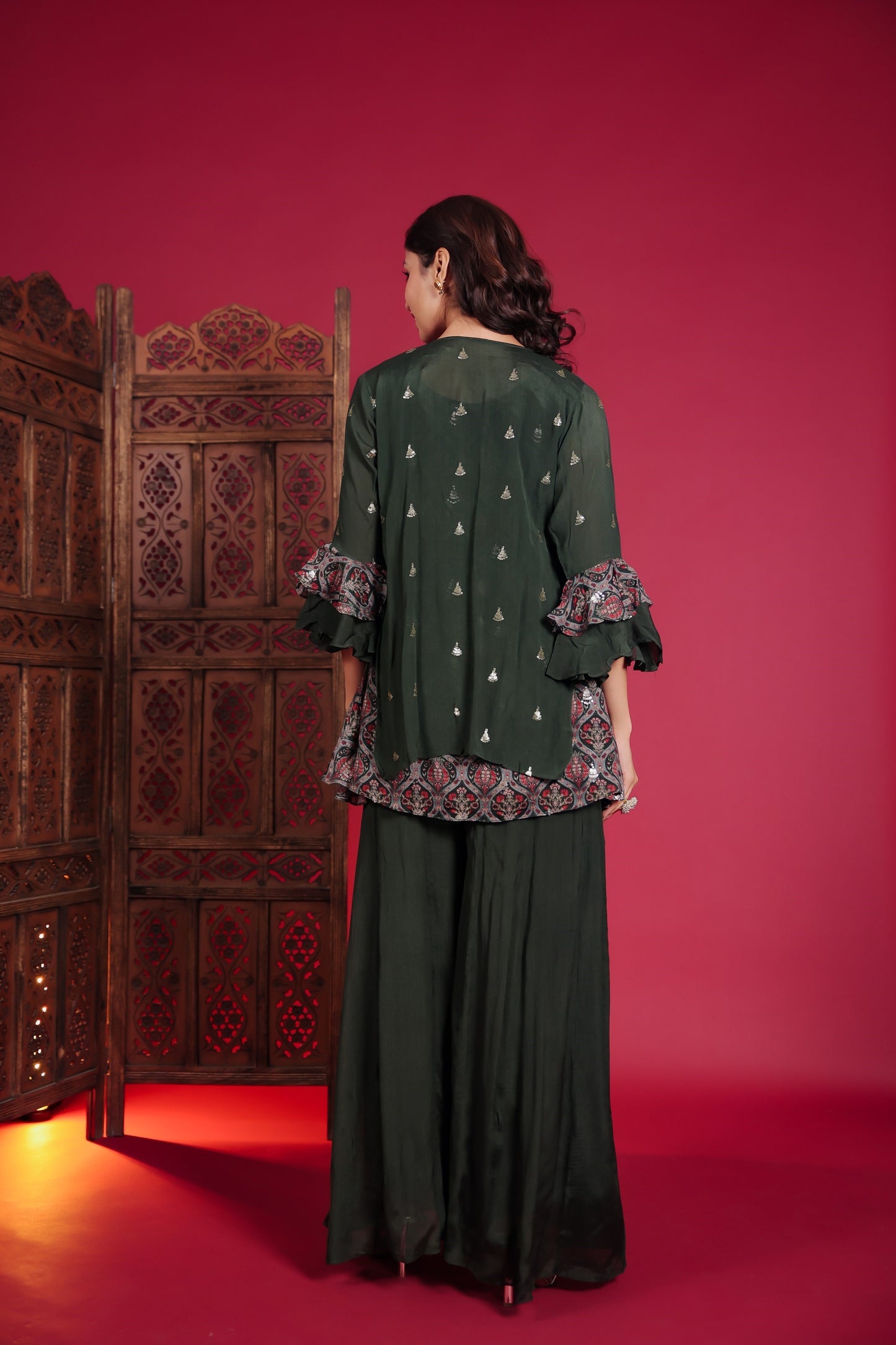 Sap Green Chinnon Top With Palazzo And Jacket