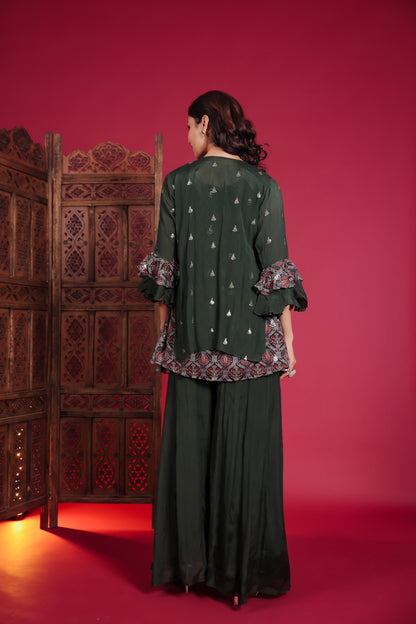 Sap Green Chinnon Top With Palazzo And Jacket